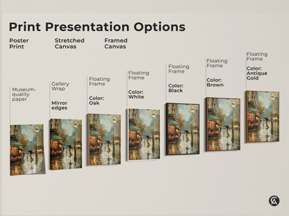 Explore print presentation options for this impressionistic Paris cafe artwork. Choose from poster print stretched canvas and framed canvas. Each option highlights the rainy street scene wall decor. Find the perfect style to complement your contemporary European home accent. Add a touch of vintage elegance to your living space.