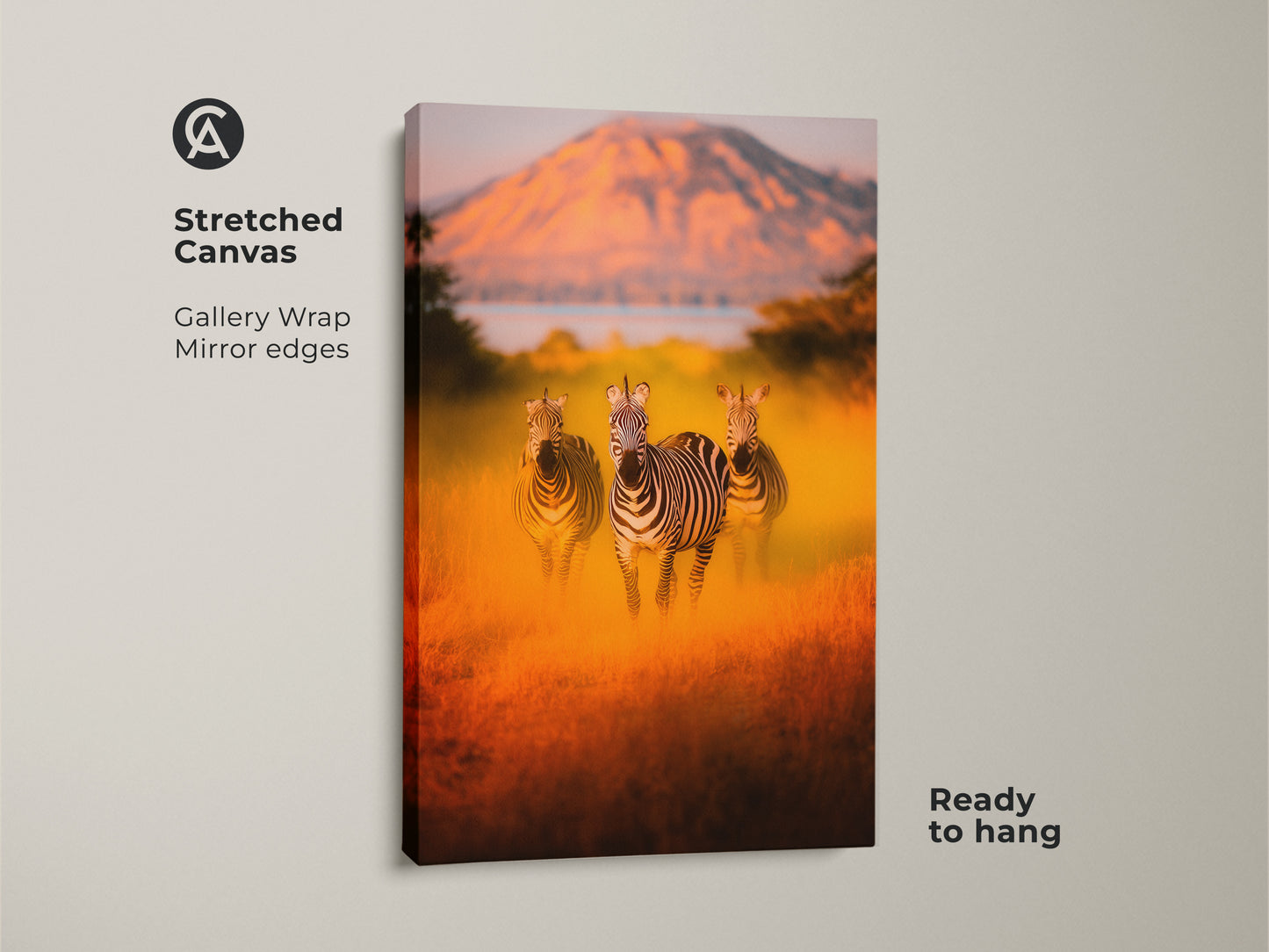 Stretched canvas featuring a photorealistic zebra print in an African savanna. This gallery-wrapped wildlife artwork has mirrored edges and is ready to hang. Warm earth tone colors perfect for eclectic home decor or as a unique housewarming gift. Animal print brings the wild into your living room.