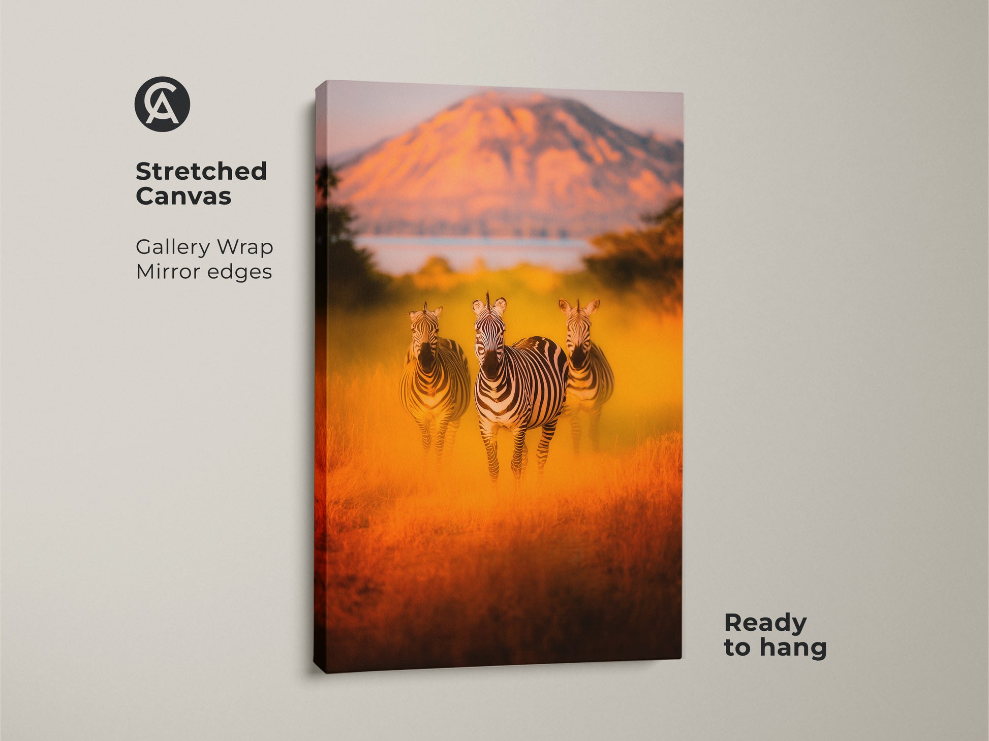 Stretched canvas featuring a photorealistic zebra print in an African savanna. This gallery-wrapped wildlife artwork has mirrored edges and is ready to hang. Warm earth tone colors perfect for eclectic home decor or as a unique housewarming gift. Animal print brings the wild into your living room.