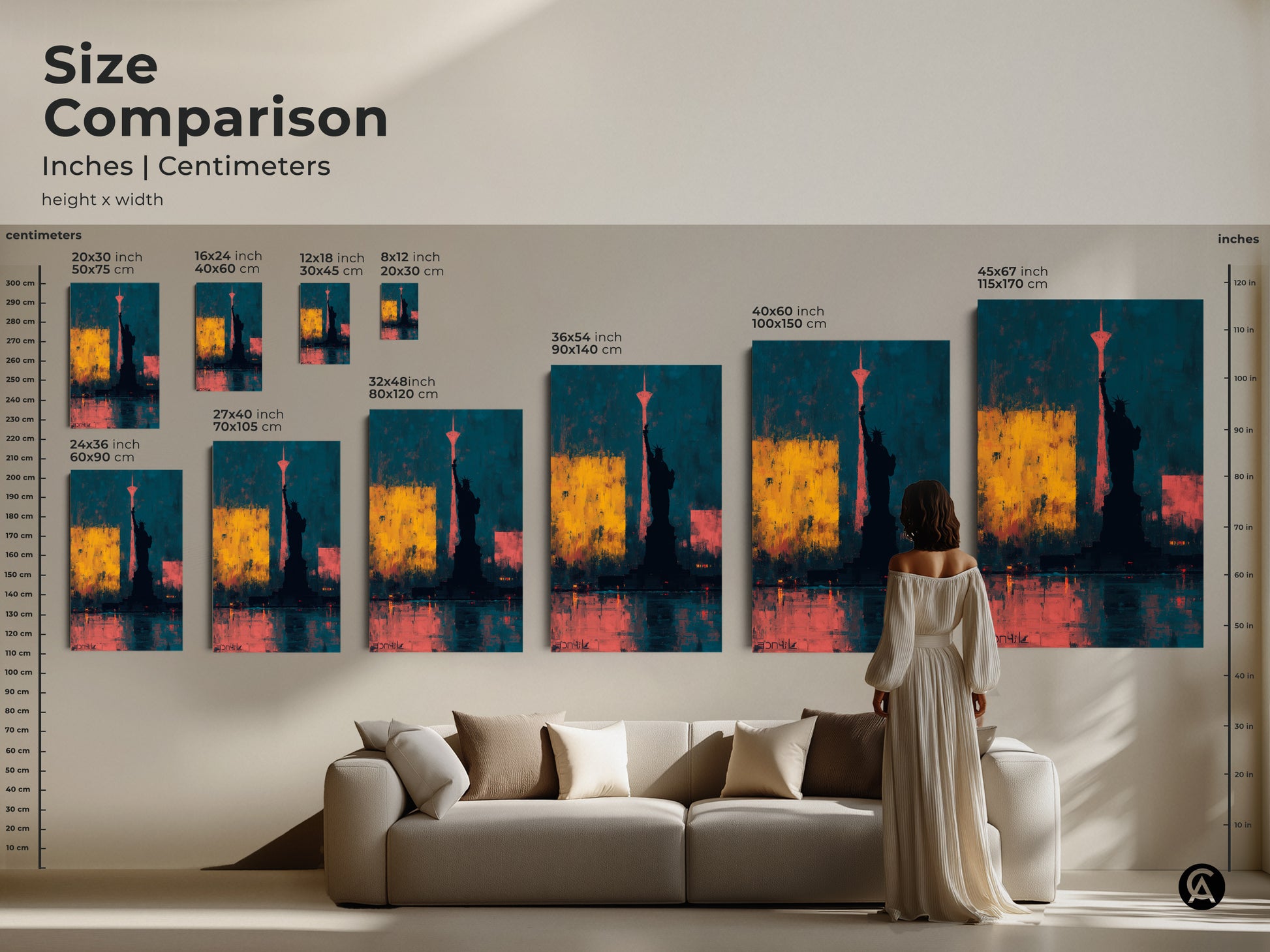 Size comparison of abstract Statue of Liberty wall art in inches and centimeters. See how the teal and yellow cityscape fits above a couch. Ranging from small to large sizes are available.