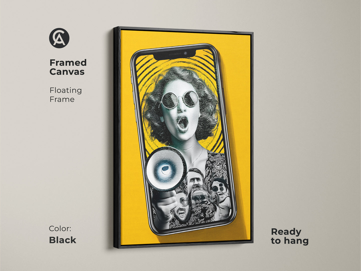 Framed canvas floating frame in black showcasing the pop art collage. This artwork features a woman with a megaphone. The modern abstract collage is ready to hang. It's vibrant office art. It will enhance creative workspace decor.