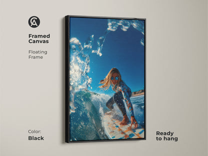 Black framed canvas artwork of a surfer girl riding a wave. The frame is a floating frame. This framed art is ready to hang. The surfer is wearing sunglasses and a long-sleeve swimsuit.