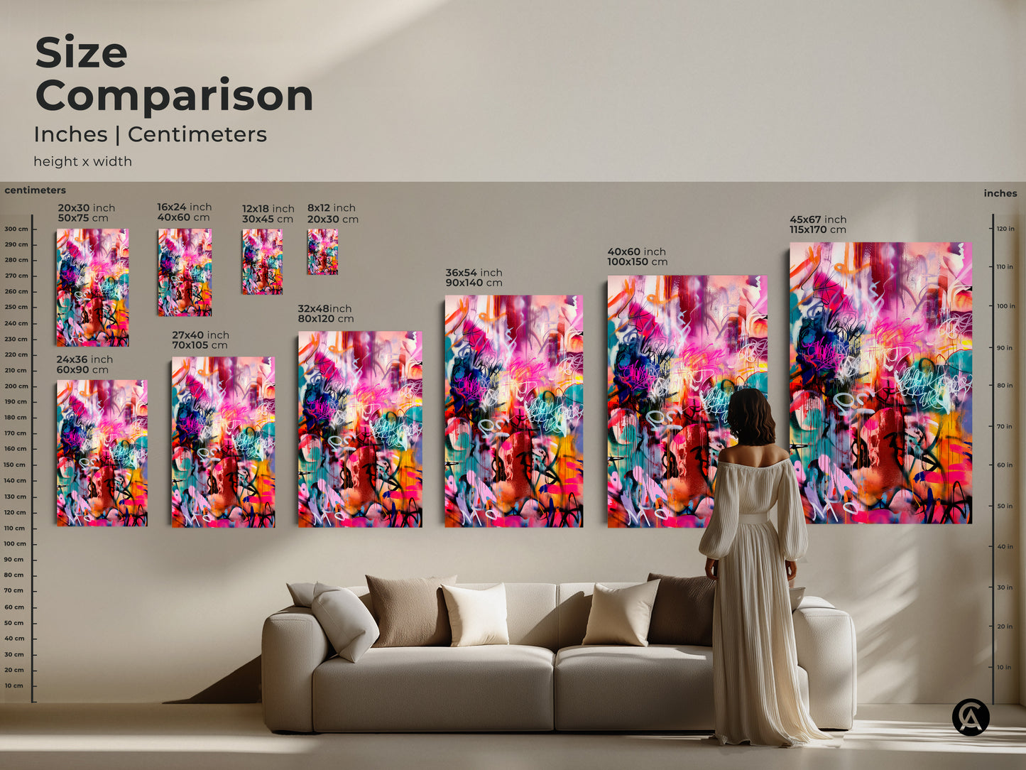 Size Comparison of Graffiti Art Prints. See the artwork in various sizes to fit your space. Sizes include 8x12 12x18 16x24 20x30 24x36 27x40 32x48 36x54 40x60 and 45x67 inches. Find the perfect size for your home decor.