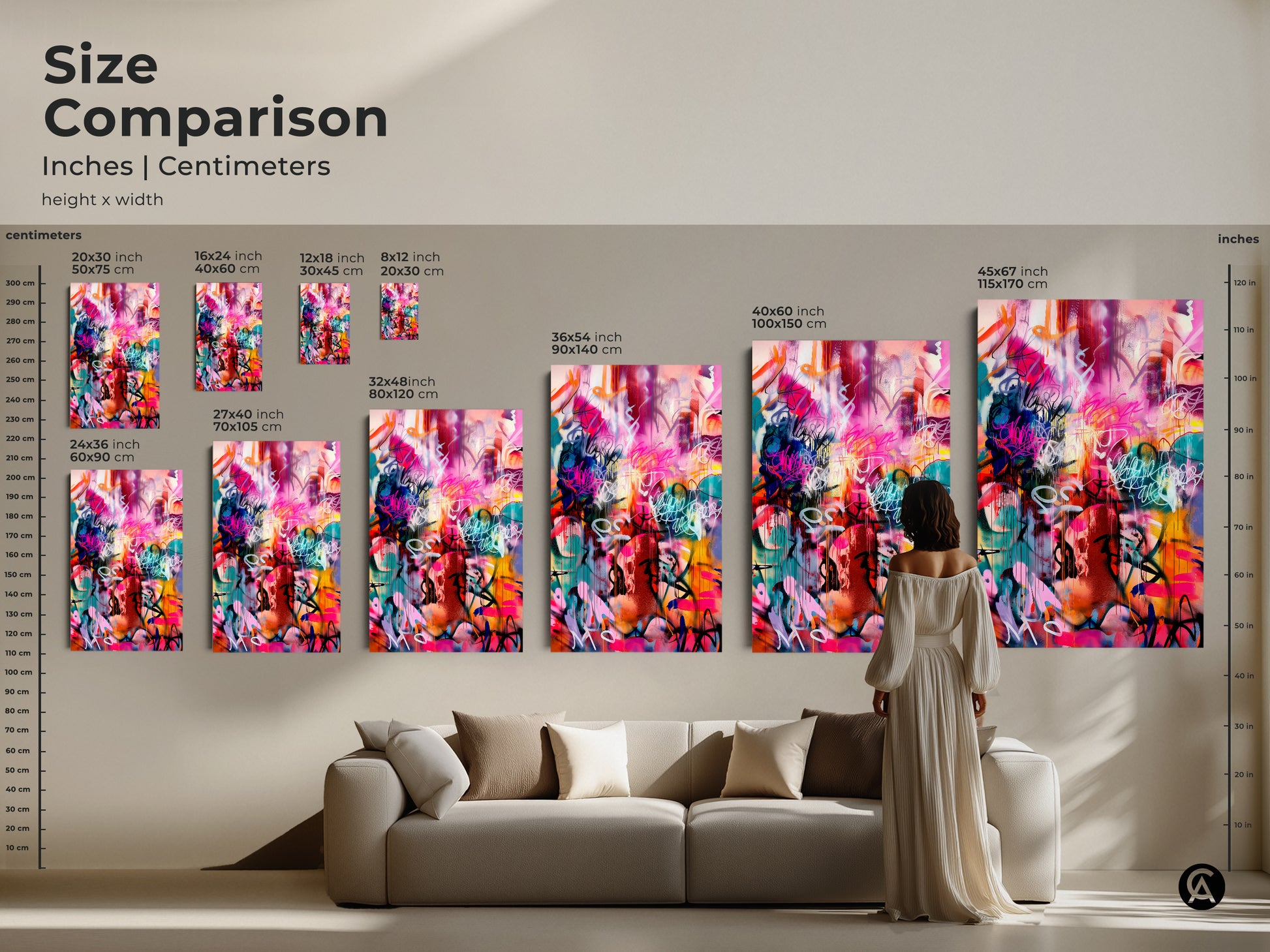 Size Comparison of Graffiti Art Prints. See the artwork in various sizes to fit your space. Sizes include 8x12 12x18 16x24 20x30 24x36 27x40 32x48 36x54 40x60 and 45x67 inches. Find the perfect size for your home decor.