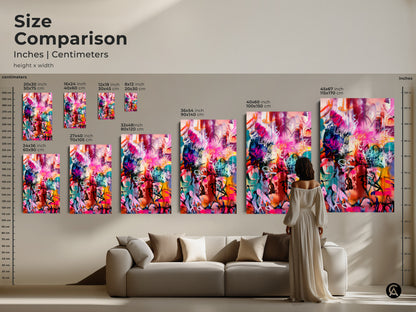 Size Comparison of Graffiti Art Prints. See the artwork in various sizes to fit your space. Sizes include 8x12 12x18 16x24 20x30 24x36 27x40 32x48 36x54 40x60 and 45x67 inches. Find the perfect size for your home decor.