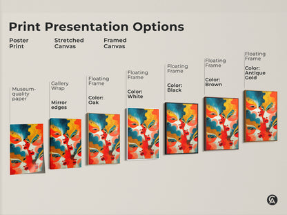 A print presentation featuring a Geometric abstract faces artwork. Showing poster print stretched canvas and framed canvas options. Each style enhances this contemporary art perfect for modern eclectic wall decor.