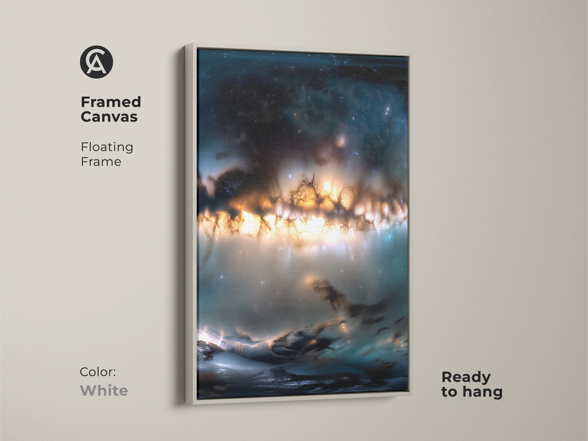 Framed canvas with floating frame. The nebula artwork showcases orange and blue. The frame is white. This canvas is ready to hang. Create a serene atmosphere with this framed space art. Great for minimalist interiors.