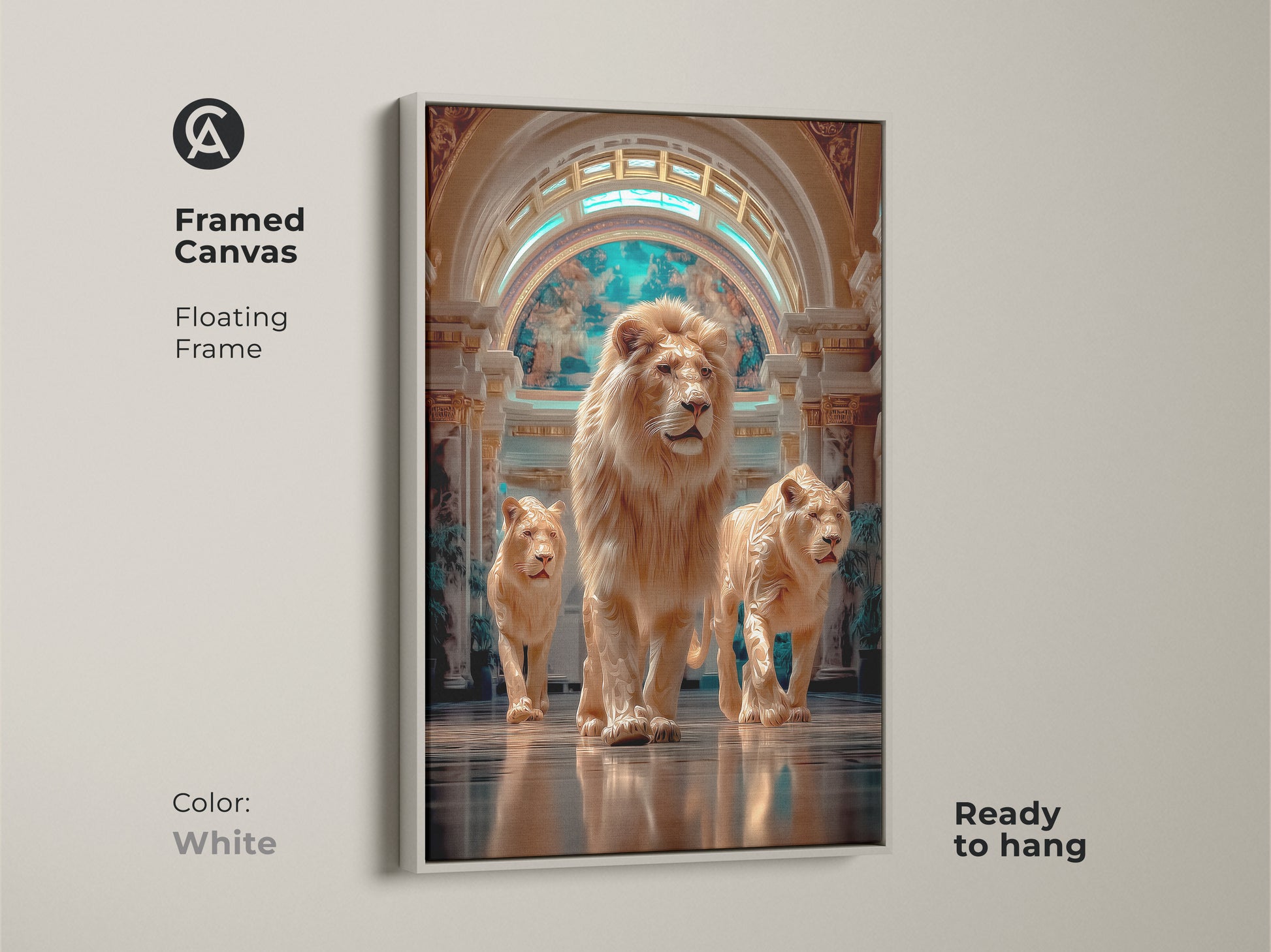 This framed canvas in white color displays a photorealistic lion family artwork. The floating frame makes it ready to hang. The beige turquoise and gold colors enhance this art. This modern animal wall hanging fits eclectic styled interiors. It is a sophisticated housewarming gift.