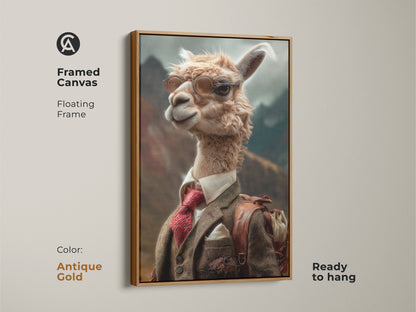 This framed canvas features a dapper llama in a tweed suit within an antique gold floating frame. A unique animal portrait for your eclectic home decor. Ideal for a study or office adding a touch of sophistication. Tan cream brown art complements any wall. This llama artwork is ready to hang and a perfect gift.