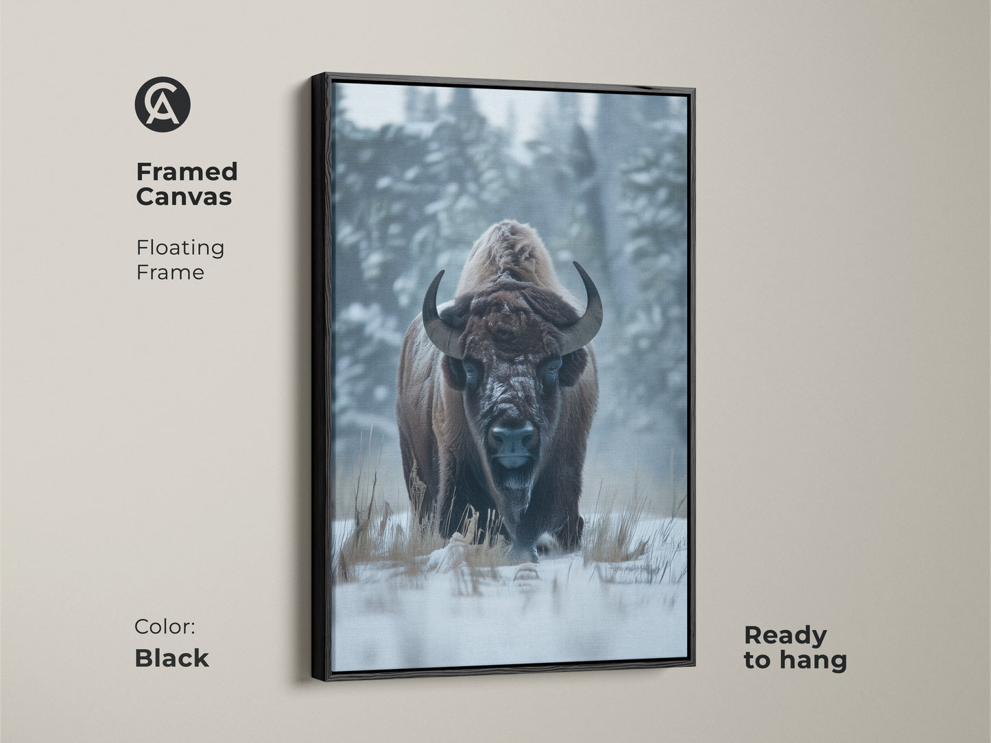 Framed canvas art featuring a bison in the snow. The floating frame is black. It is ready to hang. This framed wildlife artwork adds sophistication to any room. Perfect for art collectors and nature enthusiasts alike. Shop now to elevate your space.