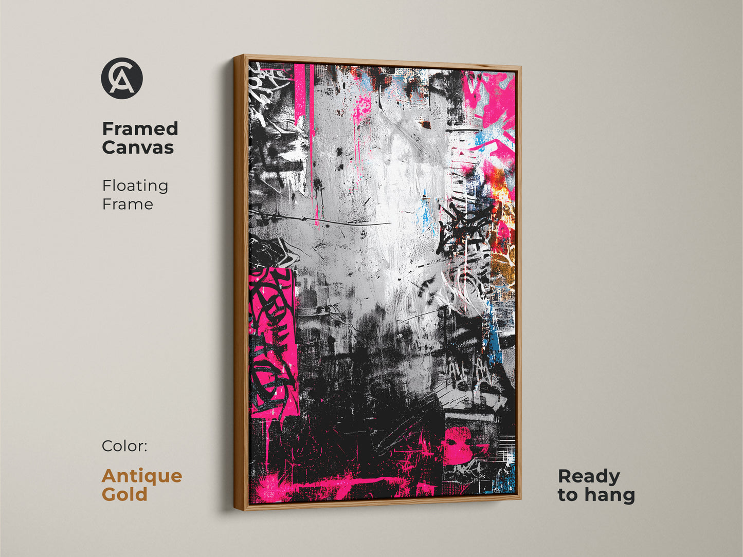 Framed canvas with a floating frame showcasing graffiti artwork in an antique gold frame. The monochrome art is accented by bold pink. Ready to hang adding a touch of urban sophistication to any room.