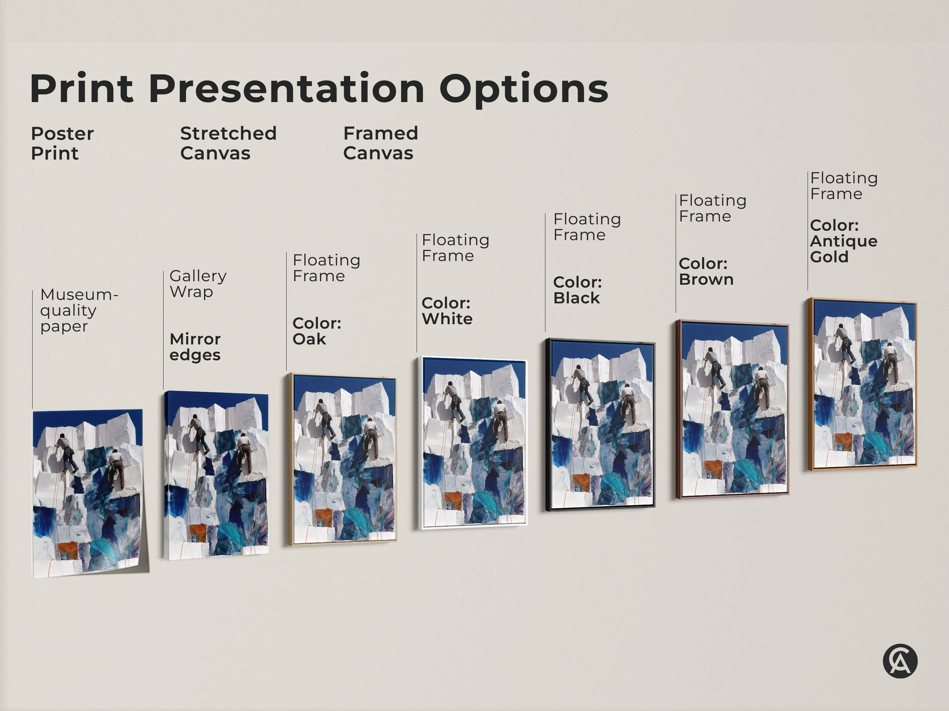 Explore our presentation options for abstract mountain climber artwork. Choose from poster print stretched canvas or framed canvas. Each option brings a modern touch with deep blues and whites.