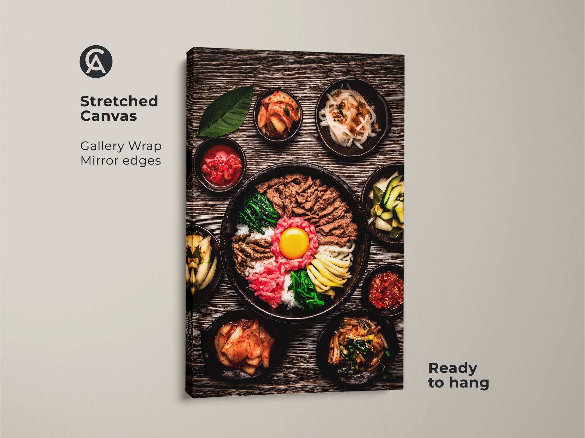 A stretched canvas of realistic Bibimbap artwork Korean gourmet food photography. The canvas has gallery wrapped mirrored edges and is ready to hang. Enhance your kitchen with this contemporary foodie art.