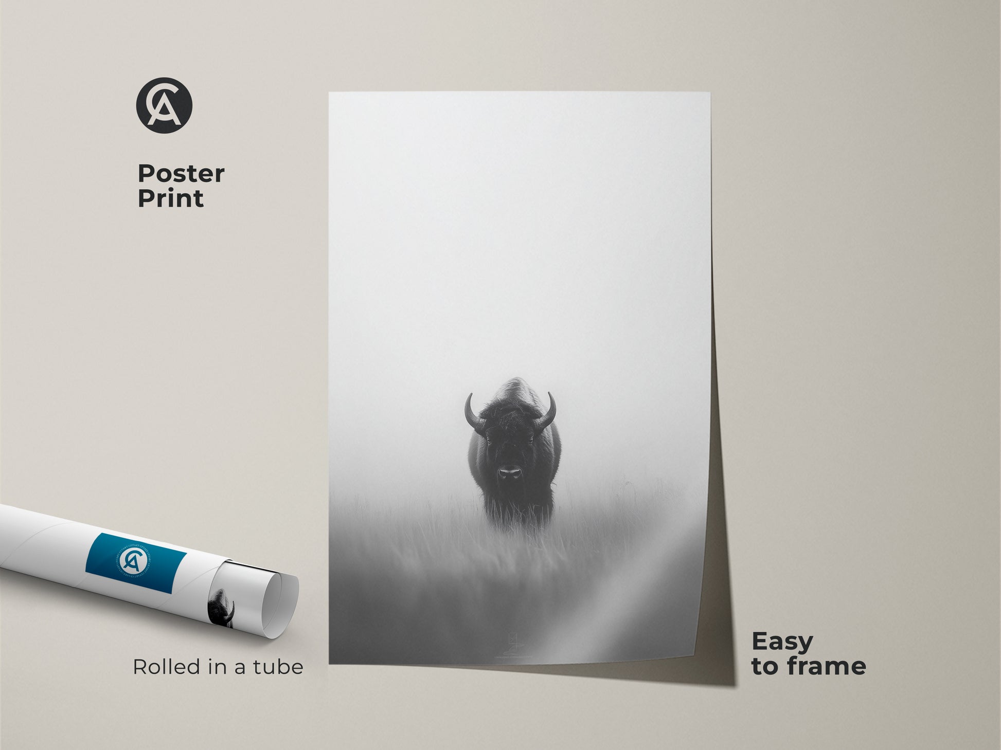 A minimalist wildlife art poster print showcasing a bison in black and white. The artwork is rolled in a tube and easy to frame. This modern monochrome animal decor is perfect for nature animal wall art. A unique gift for outdoor lovers.