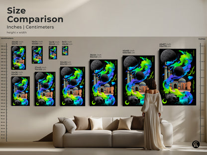 Size comparison of Eclectic Mosque Moon art in inches and centimeters. Visualize how this neon green and electric blue artwork fits above furniture. This cosmic surreal artwork enhances any room's decor.