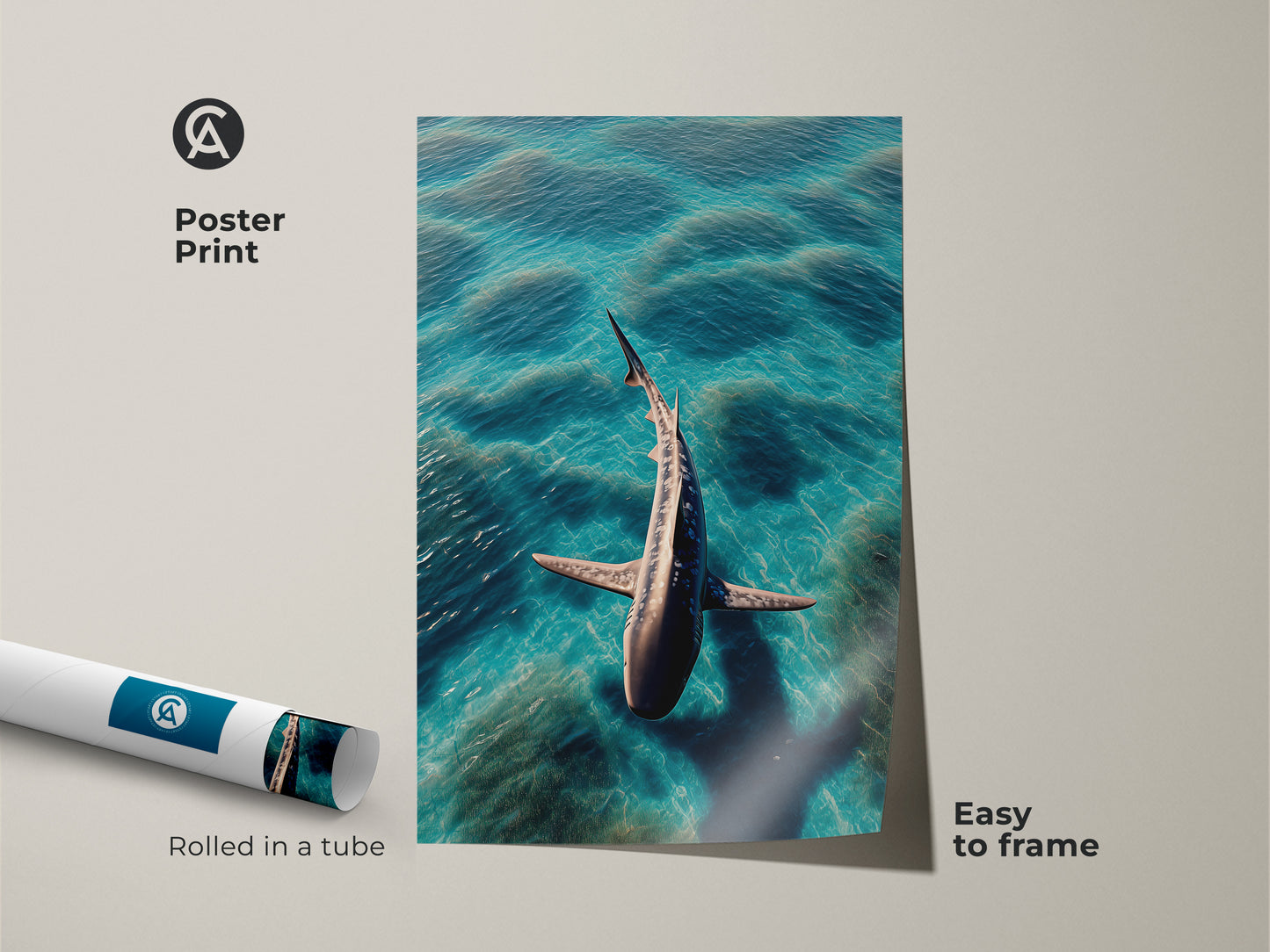A photorealistic shark poster print swims in turquoise ocean waves. This aqua deep blue animal artwork is easy to frame. The contemporary coastal decor is perfect for ocean lovers. Rolled in a tube for protection. A great housewarming shark artwork gift idea.