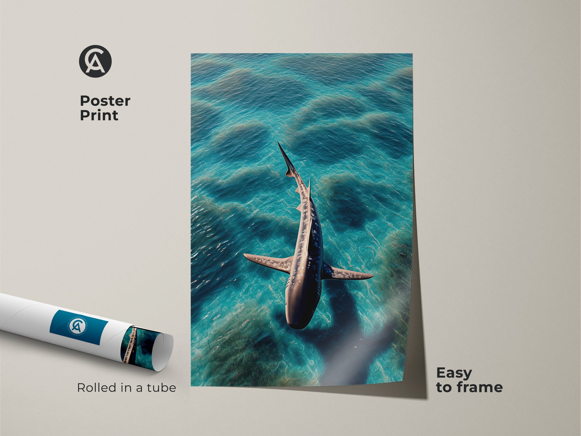 A photorealistic shark poster print swims in turquoise ocean waves. This aqua deep blue animal artwork is easy to frame. The contemporary coastal decor is perfect for ocean lovers. Rolled in a tube for protection. A great housewarming shark artwork gift idea.