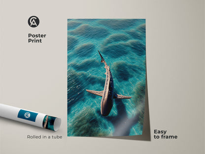 A photorealistic shark poster print swims in turquoise ocean waves. This aqua deep blue animal artwork is easy to frame. The contemporary coastal decor is perfect for ocean lovers. Rolled in a tube for protection. A great housewarming shark artwork gift idea.