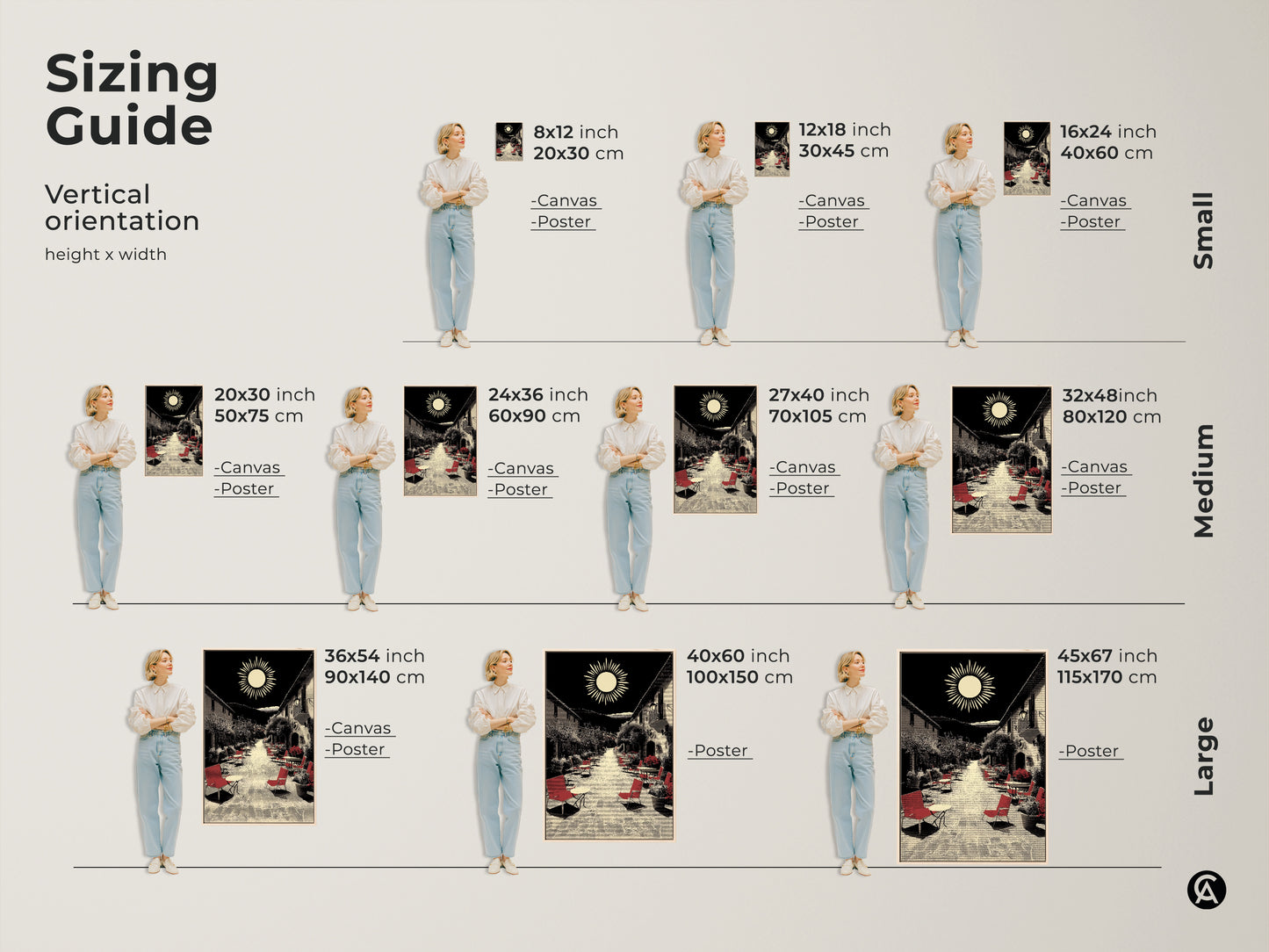 This sizing guide displays vertical orientations for Mediterranean village street artwork. See canvas and poster options in various sizes for housewarming art. Black red and beige wall decor fits any space. Perfect for travel lovers seeking scenic retro sun landscape prints and vintage travel art to accent their walls.