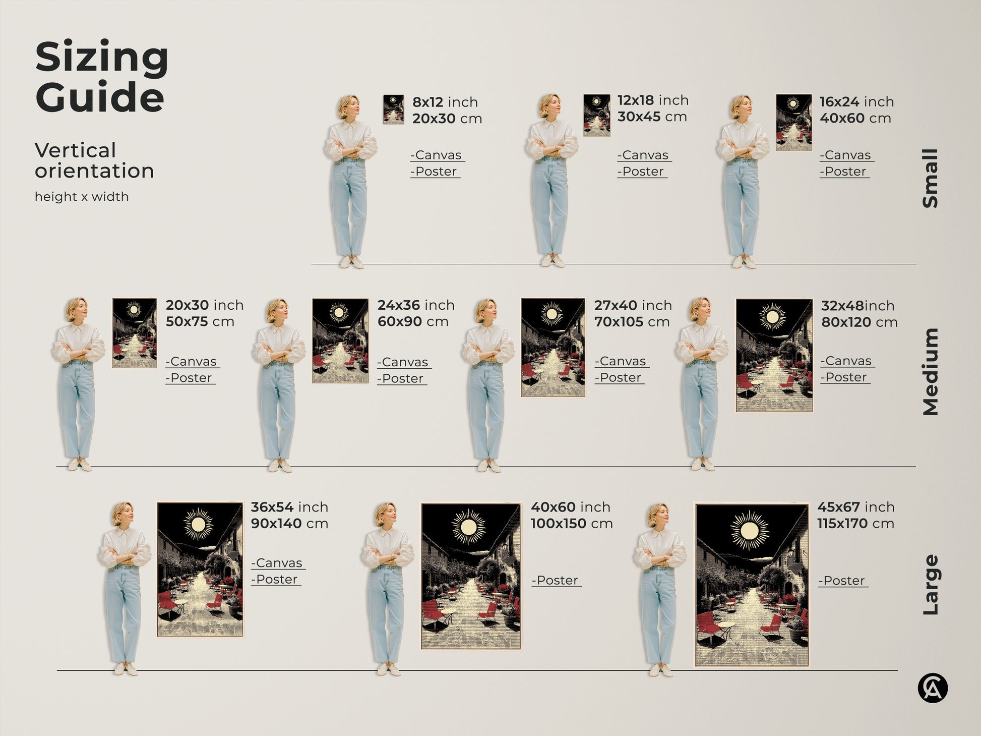 This sizing guide displays vertical orientations for Mediterranean village street artwork. See canvas and poster options in various sizes for housewarming art. Black red and beige wall decor fits any space. Perfect for travel lovers seeking scenic retro sun landscape prints and vintage travel art to accent their walls.