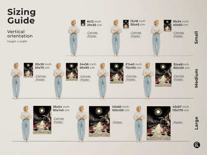 This sizing guide displays vertical orientations for Mediterranean village street artwork. See canvas and poster options in various sizes for housewarming art. Black red and beige wall decor fits any space. Perfect for travel lovers seeking scenic retro sun landscape prints and vintage travel art to accent their walls.