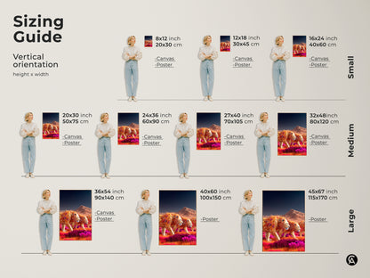 Sizing guide for vertical geometric lion art orientation. Available as canvas and poster prints. Choose from sizes like 8x12 inch 12x18 inch 16x24 inch. Medium sizes include 20x30 inch 24x36 inch. Large sizes available too. Find the perfect fit for your boho home decor.