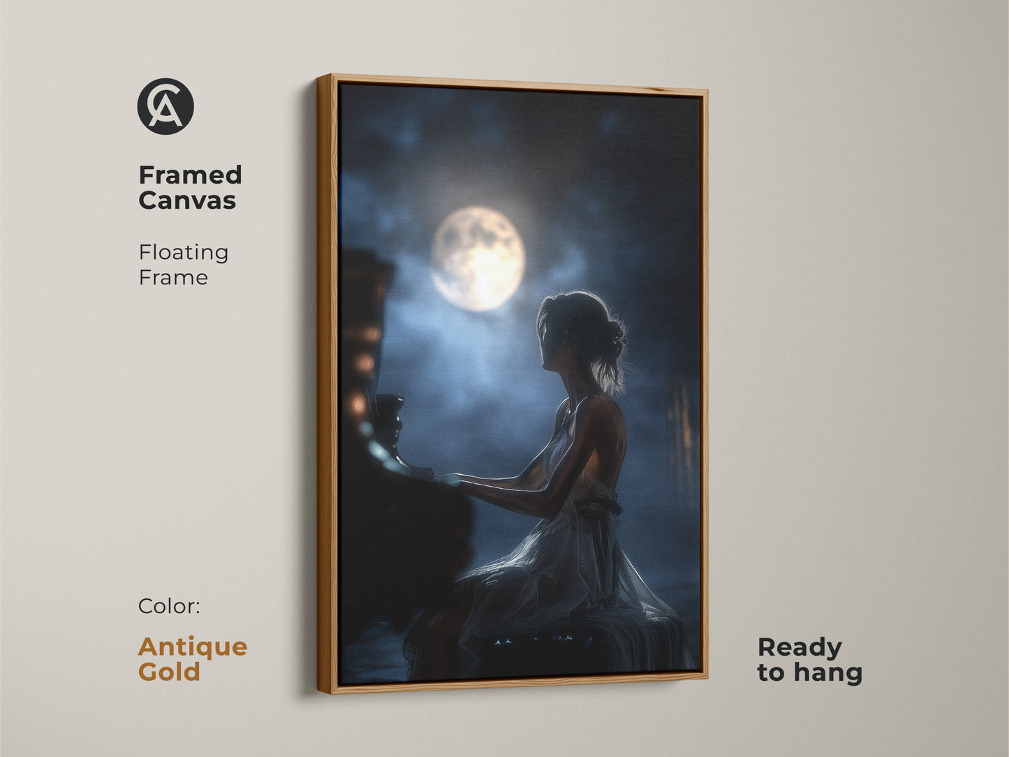 Enhance your decor with this framed canvas featuring a woman playing piano under the moon. The floating frame adds a touch of sophistication. This antique gold framed art is ready to hang and complements any room. Perfect for those seeking romantic music art and elegant night sky art.