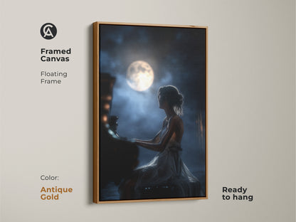 Enhance your decor with this framed canvas featuring a woman playing piano under the moon. The floating frame adds a touch of sophistication. This antique gold framed art is ready to hang and complements any room. Perfect for those seeking romantic music art and elegant night sky art.