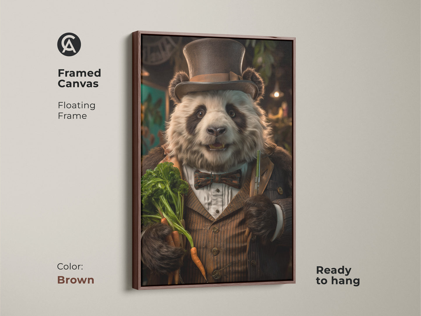 Framed canvas shows dapper panda artwork with a brown floating frame. This rustic wildlife print is ready to hang. The warm ochre and golden brown tones create a sophisticated bear canvas.