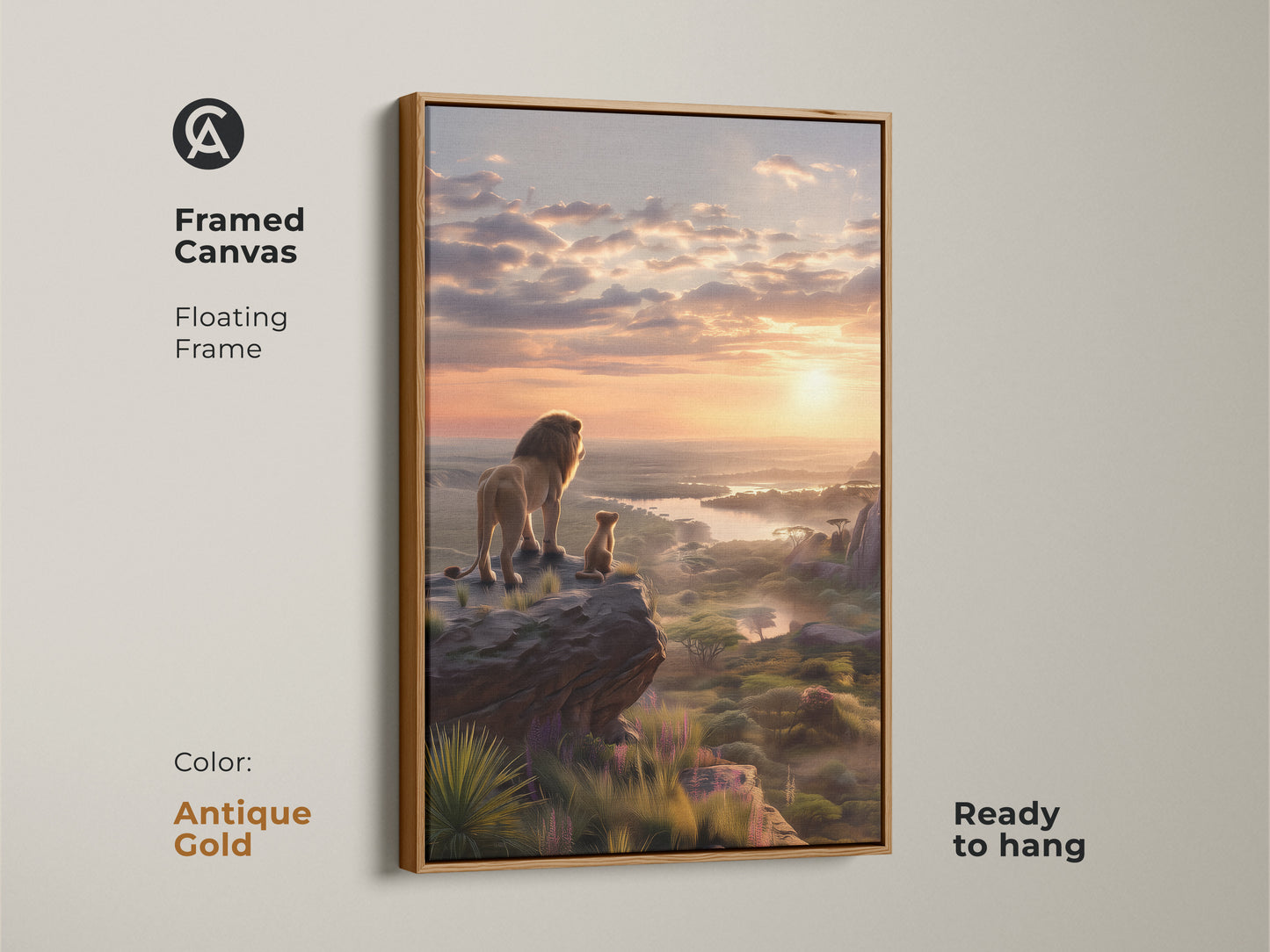 Framed canvas art highlighting a lion and cub at sunrise. The floating antique gold frame adds sophistication to this wildlife wall decor. Elevate your bedroom with this savanna print. This animal lover present is ready to hang and admire.