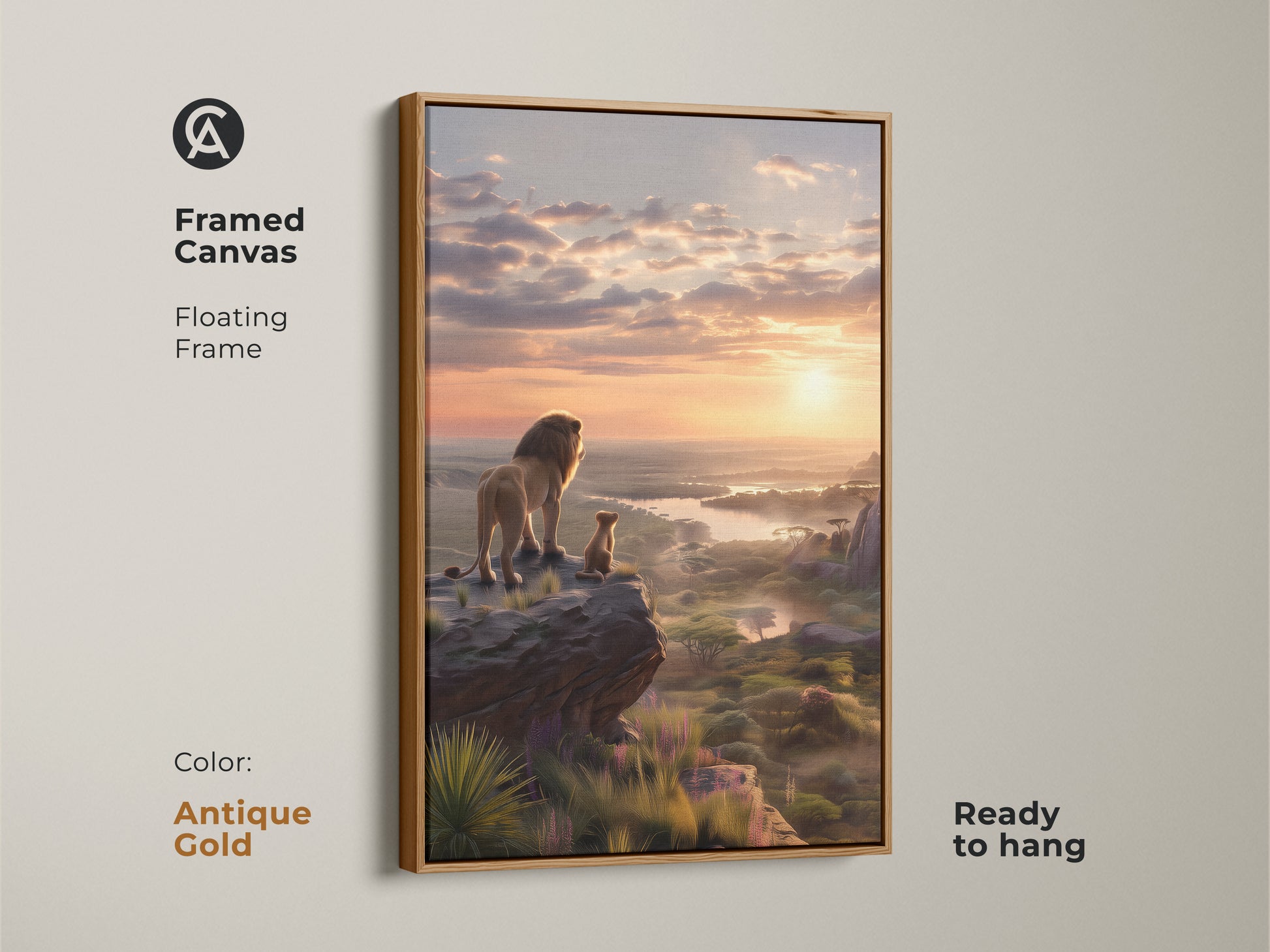 Framed canvas art highlighting a lion and cub at sunrise. The floating antique gold frame adds sophistication to this wildlife wall decor. Elevate your bedroom with this savanna print. This animal lover present is ready to hang and admire.