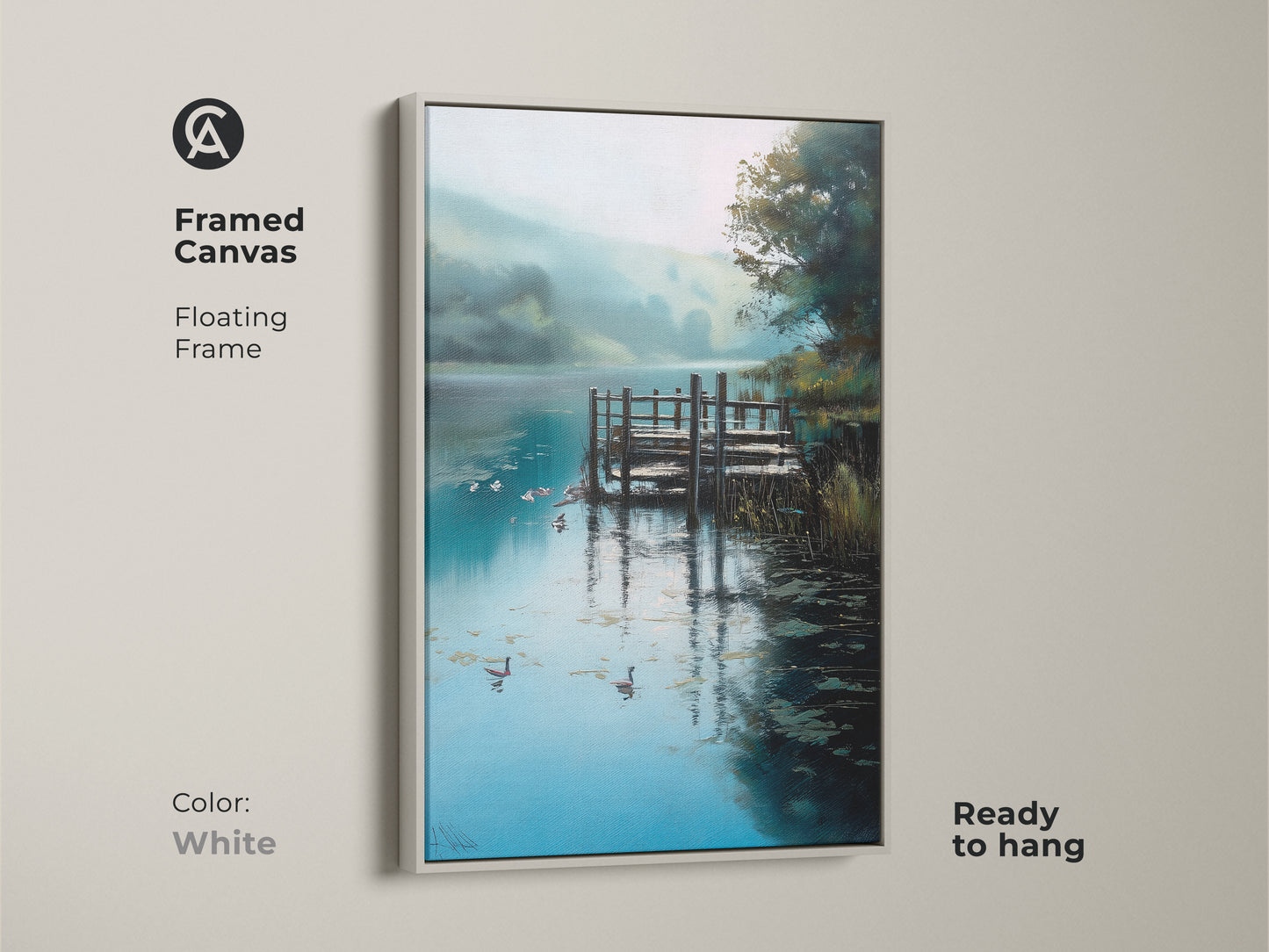 A framed canvas presents a serene lake with a rustic dock and geese. The white floating frame highlights the teal blue green nature scenery. This ready-to-hang animal art print adds a fresh feel to any room. It is perfect for modern or minimalist decor.