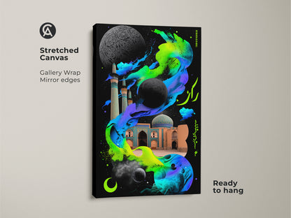Stretched canvas art of an eclectic mosque moon design in neon green and electric blue. Gallery wrap with mirrored edges ensures a seamless display. Ready to hang and adds a touch of surrealism to any room.