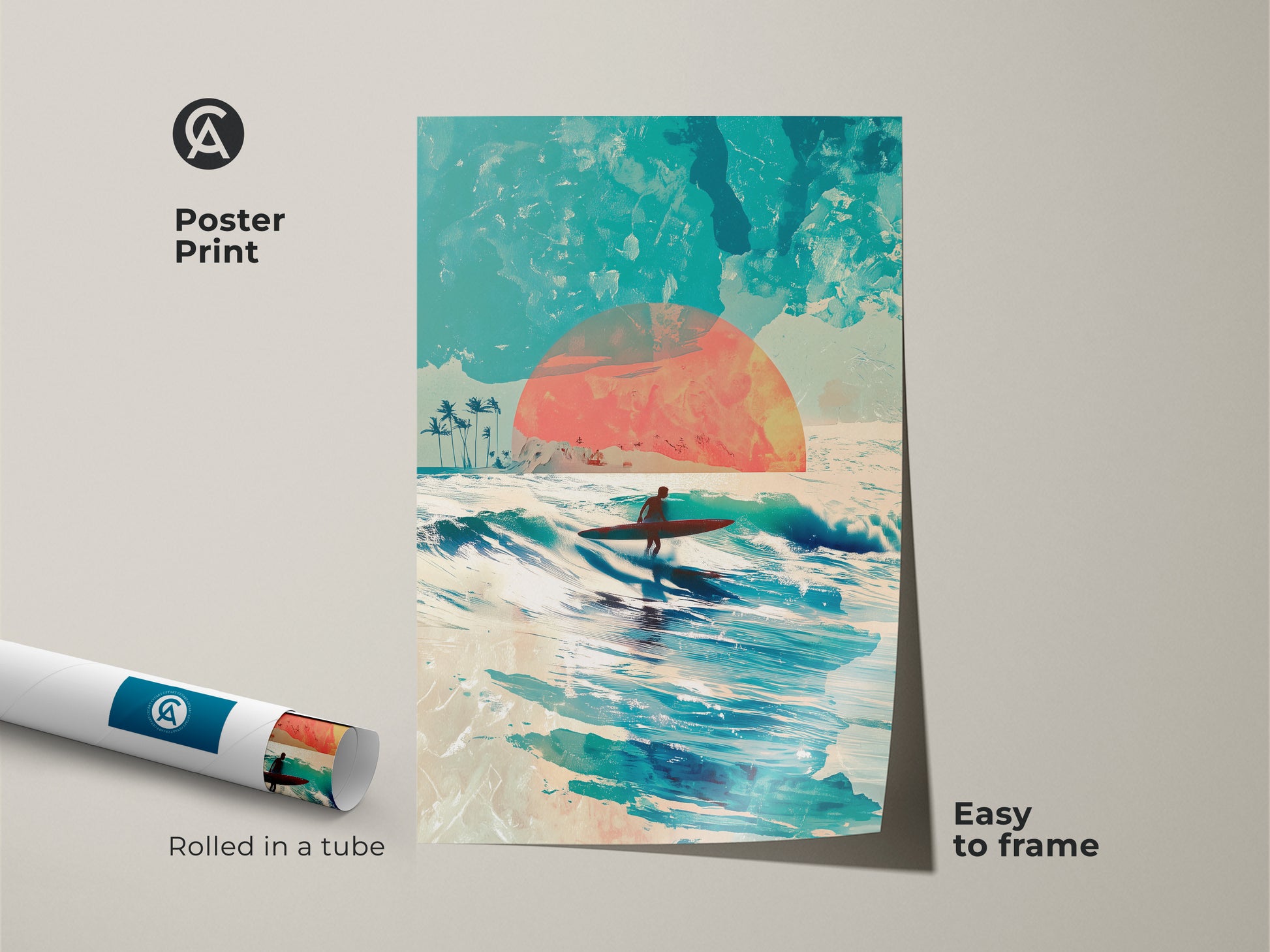 Poster print of a surfer riding a wave at sunset. This ocean themed art is easy to frame. The poster is rolled in a tube for protection during shipping. This surfer artwork will enhance your wall decor
