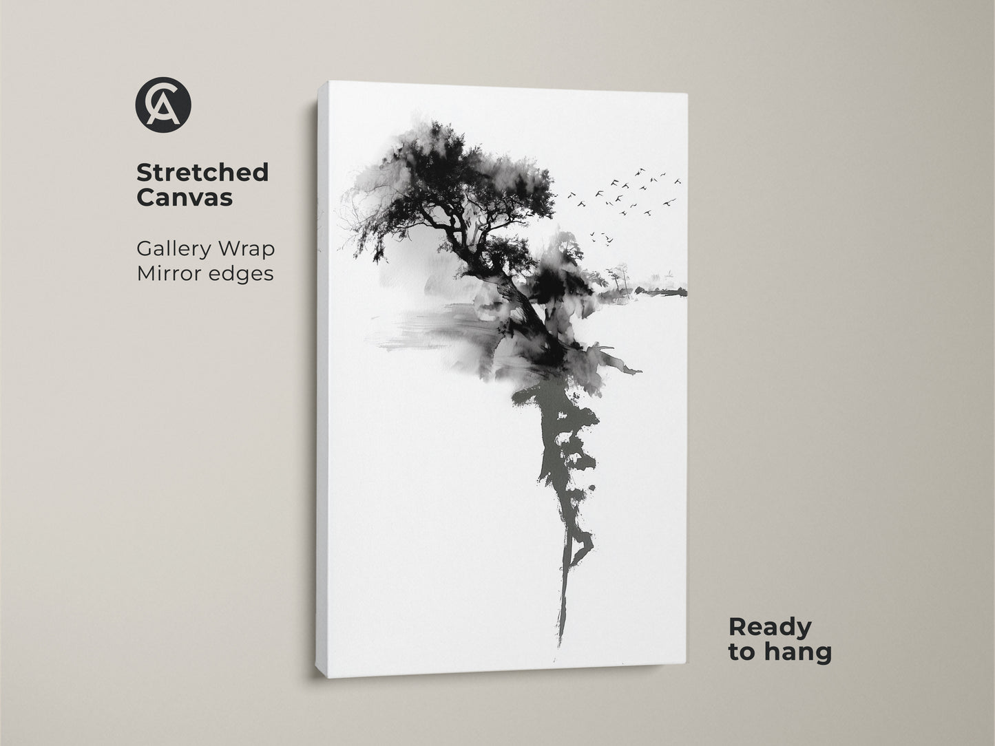 Stretched canvas featuring Ink Wash Tree art. Gallery wrap with mirror edges enhances this minimalist art. Black and white sumi-e landscape brings zen nature to your walls. Ready to hang abstract tree artwork transforms any bedroom.