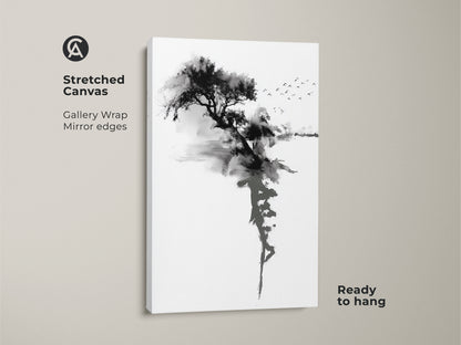 Stretched canvas featuring Ink Wash Tree art. Gallery wrap with mirror edges enhances this minimalist art. Black and white sumi-e landscape brings zen nature to your walls. Ready to hang abstract tree artwork transforms any bedroom.