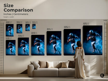 Size comparison shows the scale of football action art in inches and centimeters. See how the navy and white sports print fits above a sofa. Envision this dynamic sports decor in your office or man cave. Find the perfect athlete motivational art today.