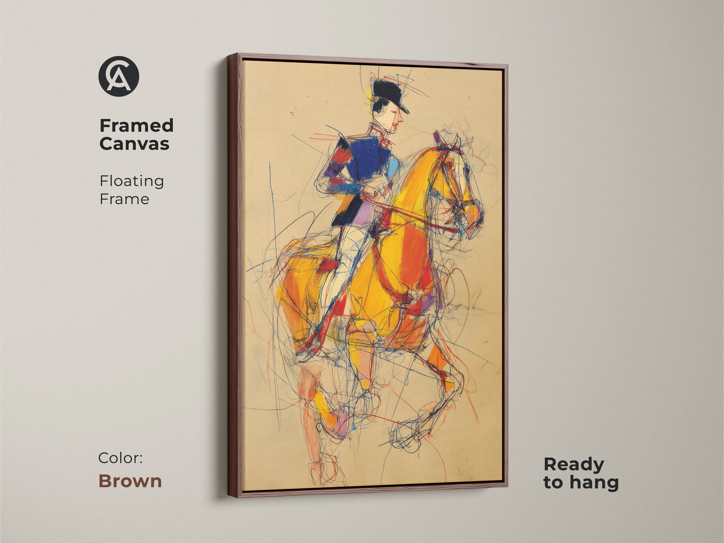 Framed Canvas with a brown floating frame featuring a horse rider. Displaying an expressionist horse in yellow blue and red. This ready to hang artwork adds sophistication to any space. Ideal for equestrian themed decor.
