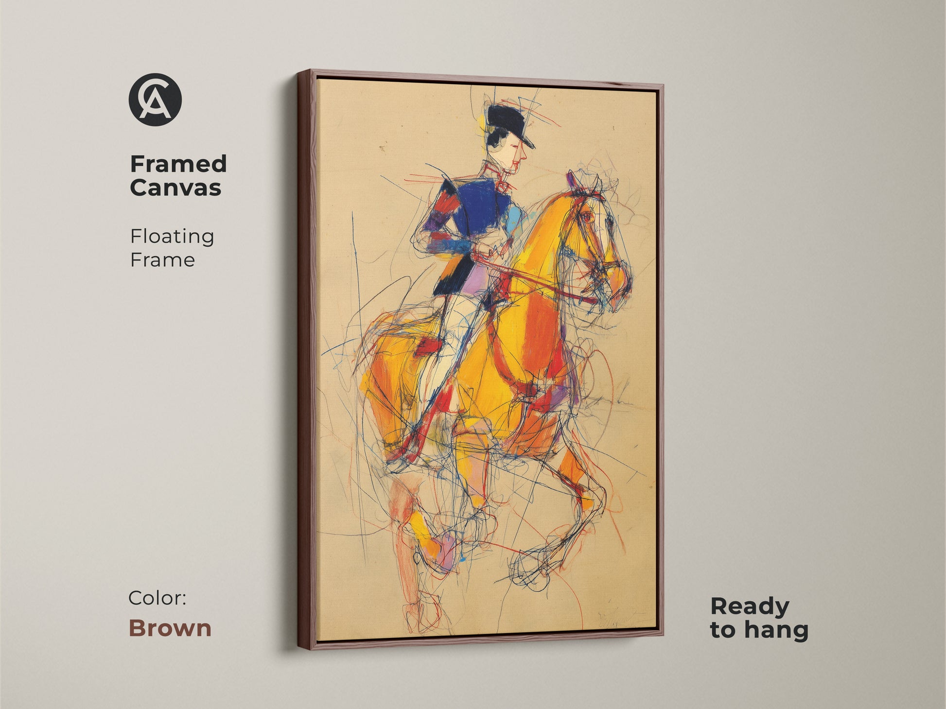 Framed Canvas with a brown floating frame featuring a horse rider. Displaying an expressionist horse in yellow blue and red. This ready to hang artwork adds sophistication to any space. Ideal for equestrian themed decor.