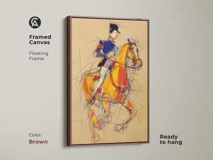 Framed Canvas with a brown floating frame featuring a horse rider. Displaying an expressionist horse in yellow blue and red. This ready to hang artwork adds sophistication to any space. Ideal for equestrian themed decor.