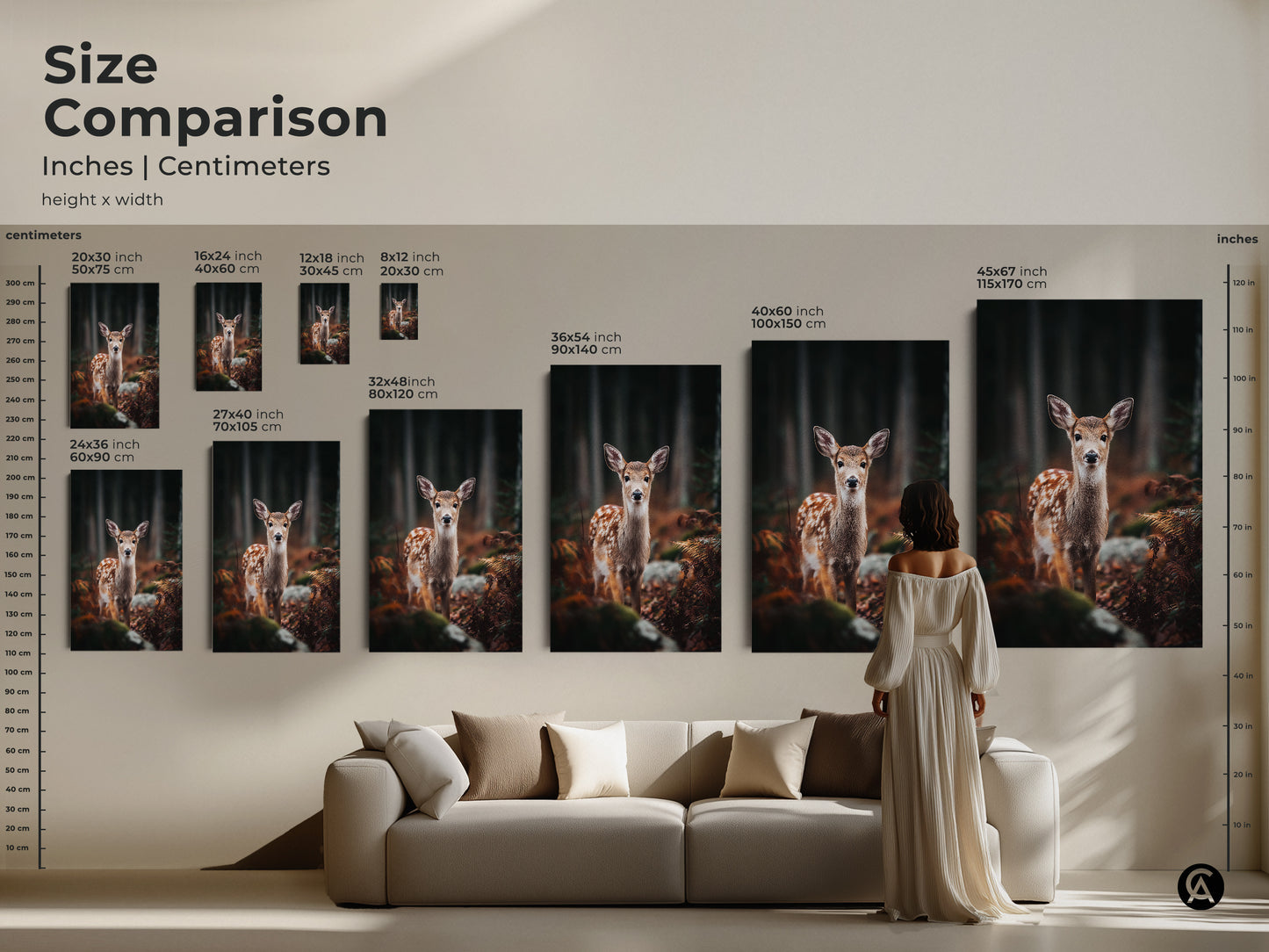 Size comparison of fawn in forest prints in inches and centimeters. See how various sizes look above a couch. Choose the ideal canvas art for your home decor. Perfect rustic wildlife art for any room.