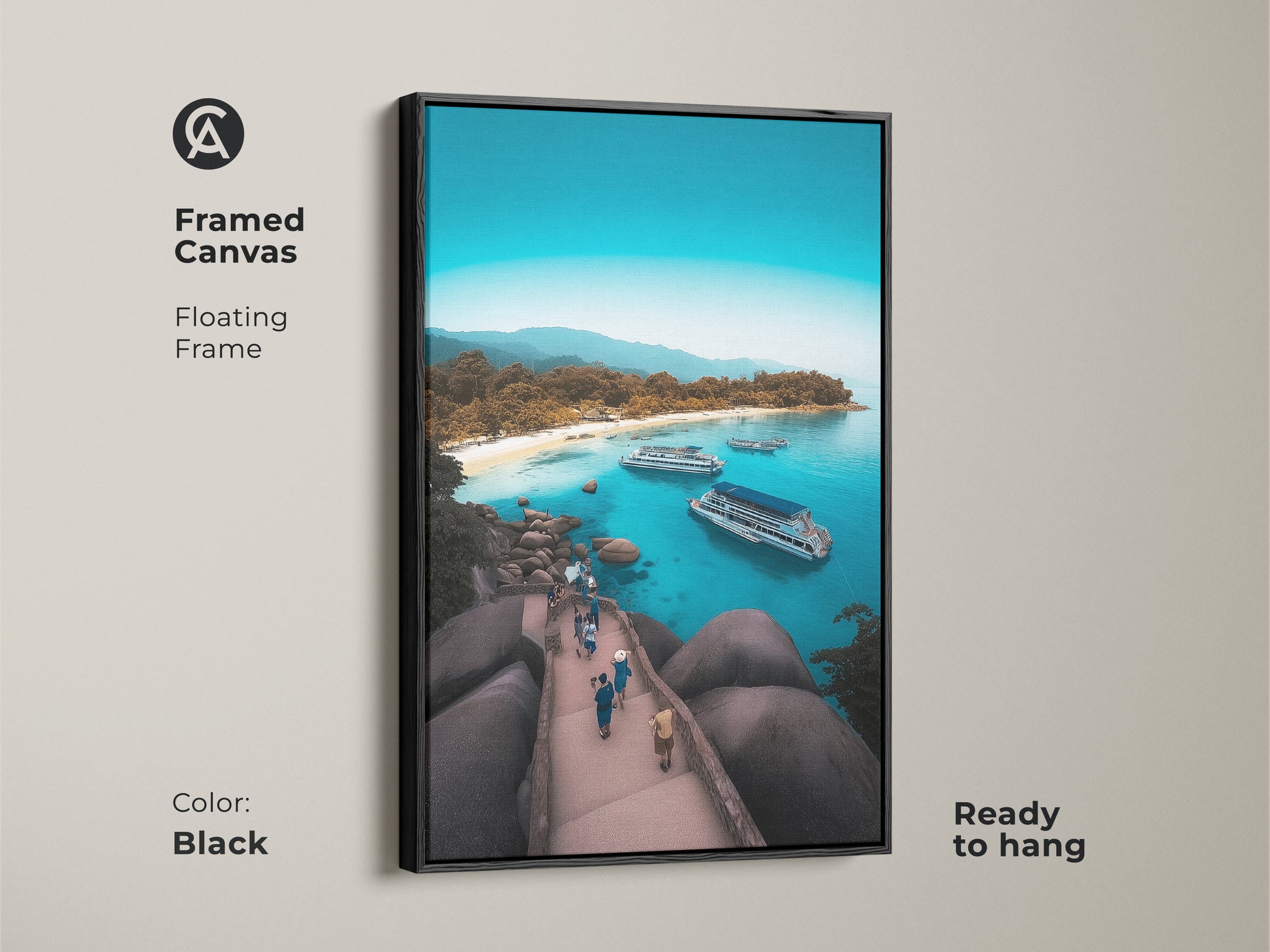 Framed canvas showcasing an aerial island beach. Black floating frame enhances the turquoise ocean view art. This coastal landscape wall art is ready to hang. The boat filled bay print captures a tropical island getaway. This blue water seascape makes an ideal housewarming gift.