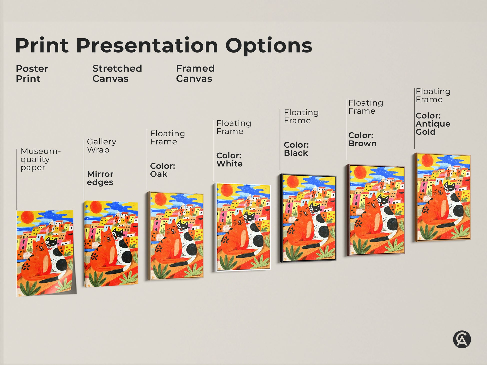 Print presentation options for cat art. Poster print stretched canvas and framed canvas are available. Floating frame colors include white black brown and antique gold. Choose the perfect museum quality paper or gallery wrap for your boho wall art.