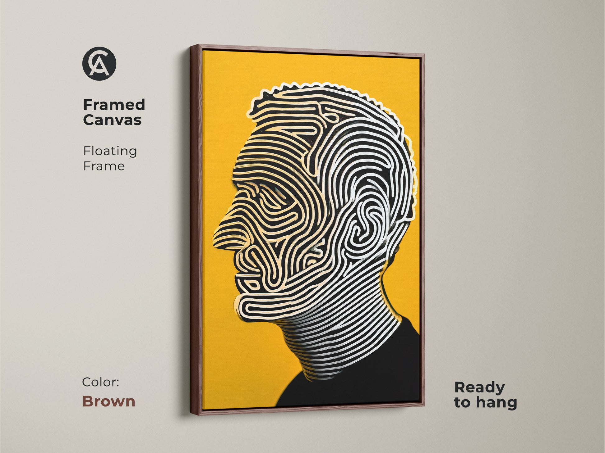 Framed canvas portrait artwork with a floating brown frame. The artwork shows a man's profile. The artwork is made up of flowing lines against a yellow backdrop. Ready to hang this artwork will enhance any space. Its warm brown frame adds elegance.