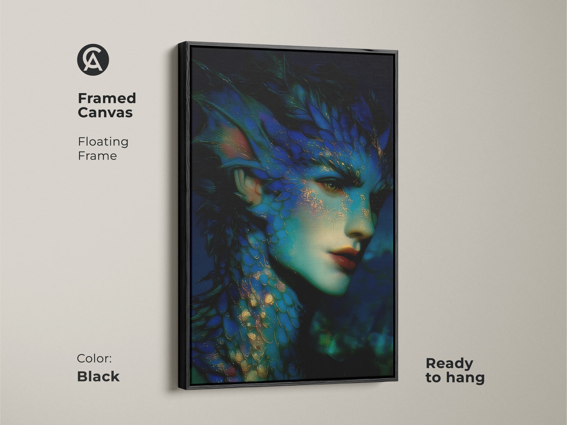 Black framed canvas of a dark fantasy mermaid portrait. The teal and gold artwork captures a mythological sea creature. This surreal art is ready to hang. An ideal eclectic gift for fantasy fans seeking unique wall decor.