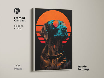 Framed canvas of abstract dog canvas. It features a white floating frame. The dog in sunglasses artwork shows a retro futuristic orange sunset cityscape. Dog art for men is ready to hang.