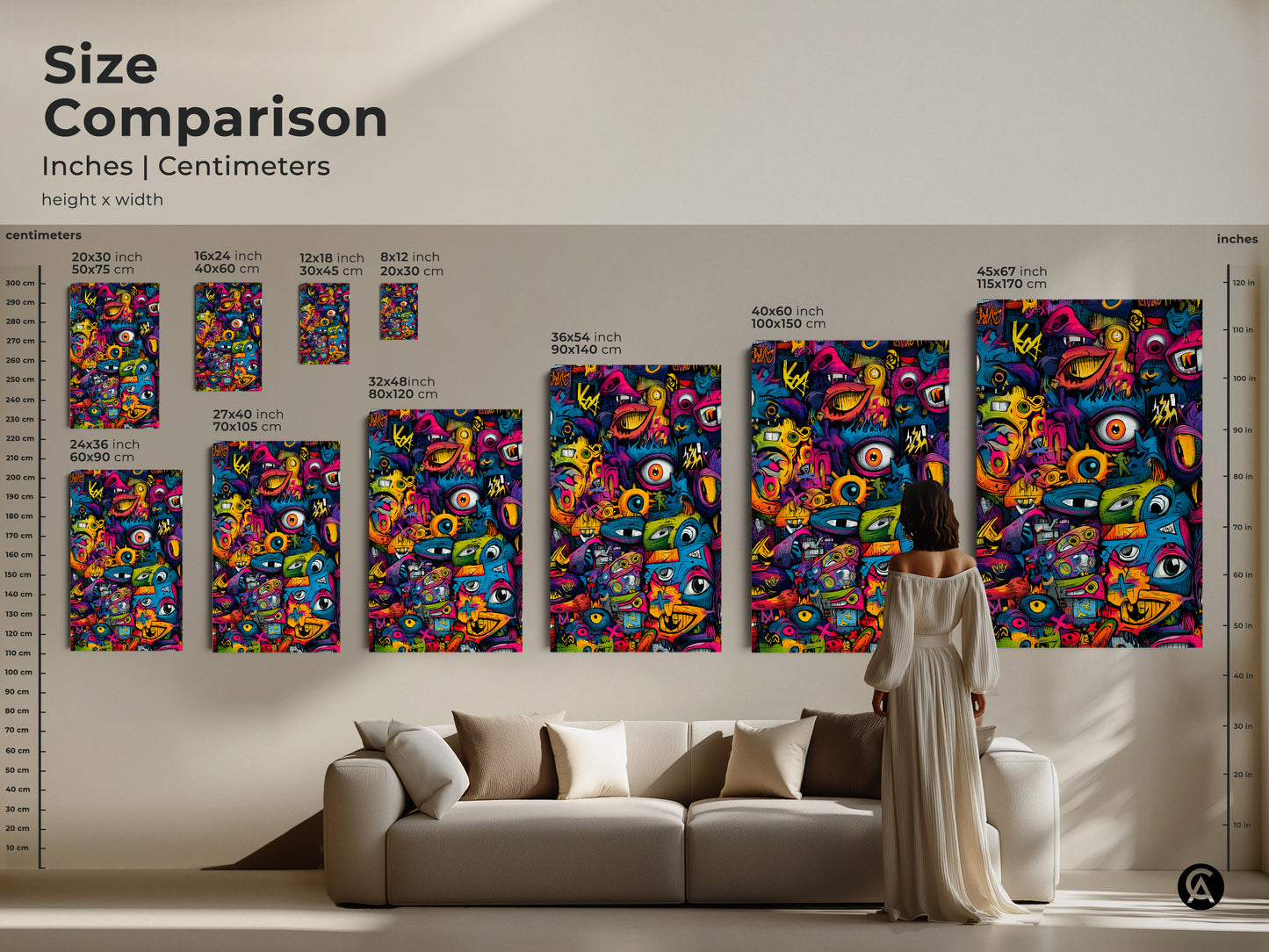 Size Comparison of Graffiti Pop Art. Various sizes are displayed next to a couch. This allows you to visualize the artwork's impact. Find the perfect size to enhance your living space. Shop now and bring art to your home!