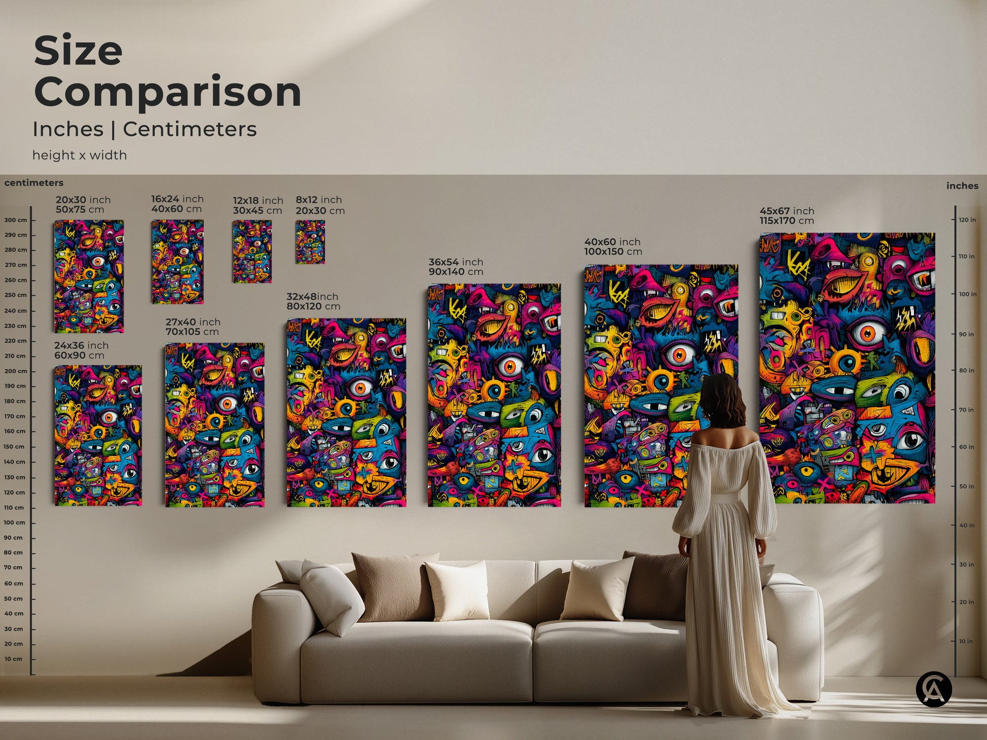 Size Comparison of Graffiti Pop Art. Various sizes are displayed next to a couch. This allows you to visualize the artwork's impact. Find the perfect size to enhance your living space. Shop now and bring art to your home!