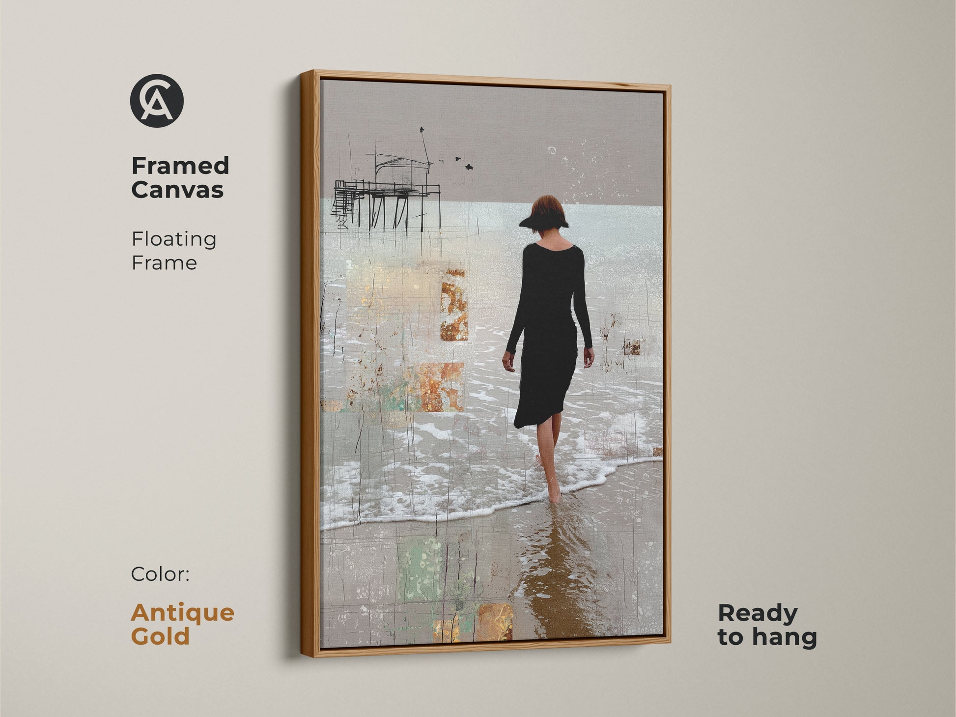 Framed canvas art with a floating frame in antique gold. The art features a pier and a woman in a black dress walking on a beach. Ready to hang this neutral palette wall art is elegant. This abstract beach art adds a coastal vibe.