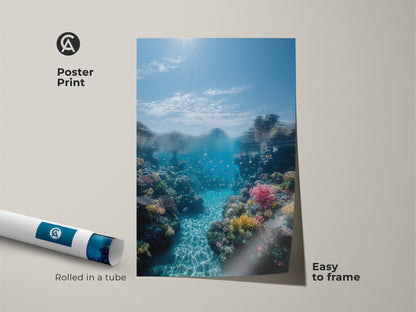 Poster print of underwater coral reef art rolled in a tube. Easy to frame this tropical fish wall art adds coastal charm. It is a vibrant and photorealistic nature underwater scene.